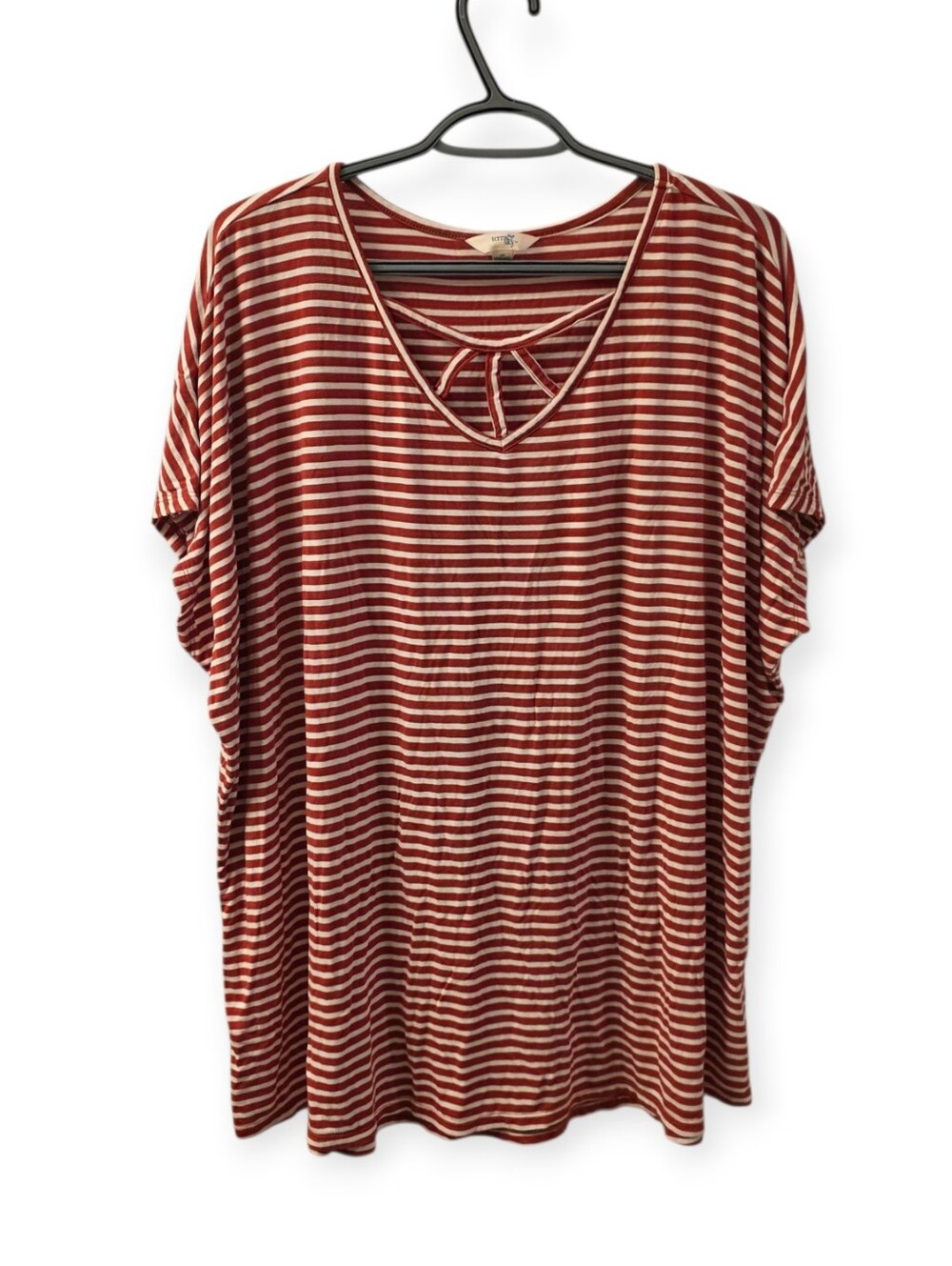 Terra & Sky Red Cream Striped Cutout Neck Tunic Top Plus Size 1X - Picture 2 of 5